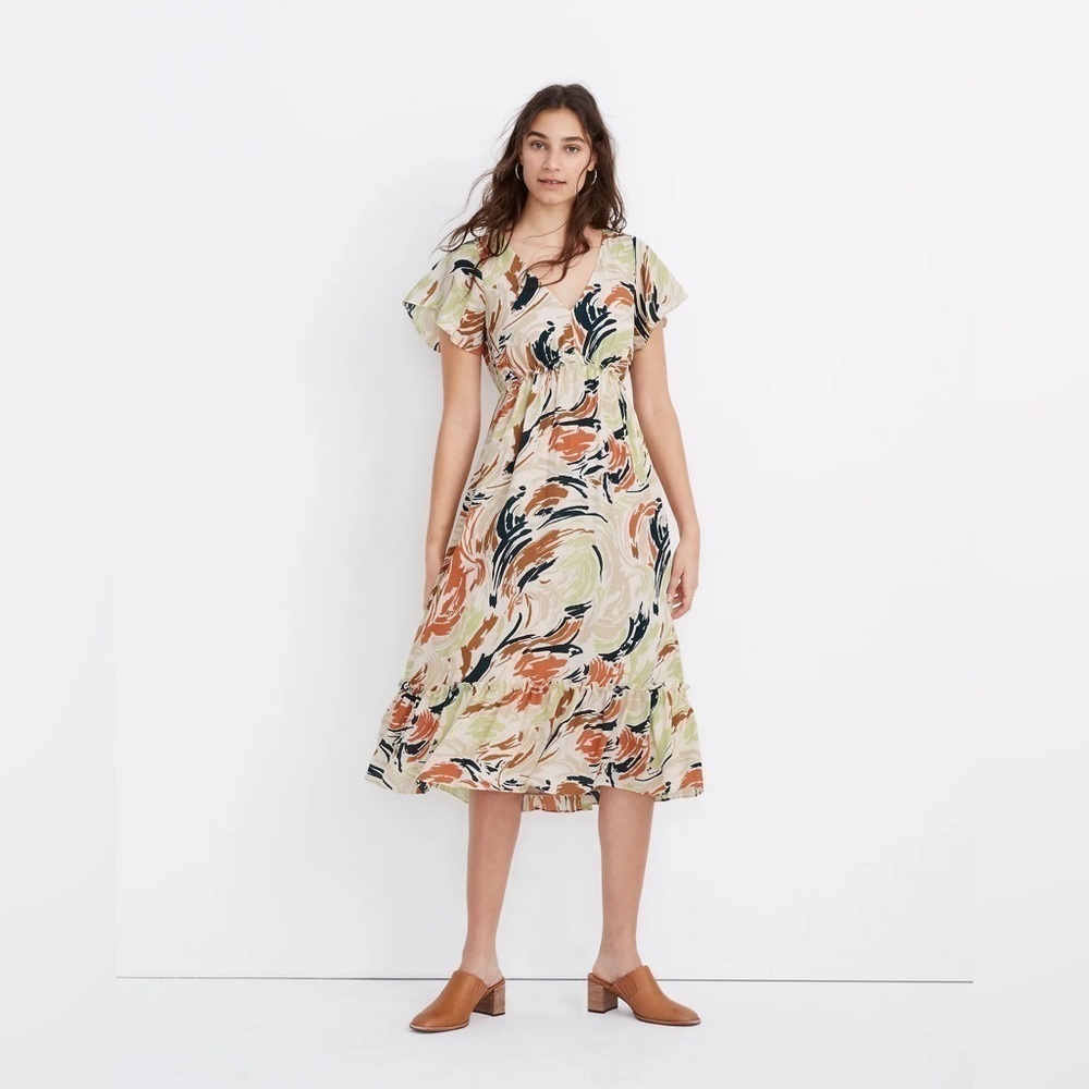 Madewell Flutter-Sleeve Ruffle-Waist Midi Dress in Brushing Up, Size 6